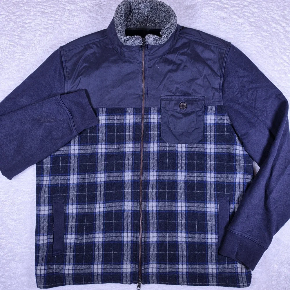 Banana Republic Mixed Media Men XL Navy Wool Nylon Plaid Sherpa L/S Full Zip